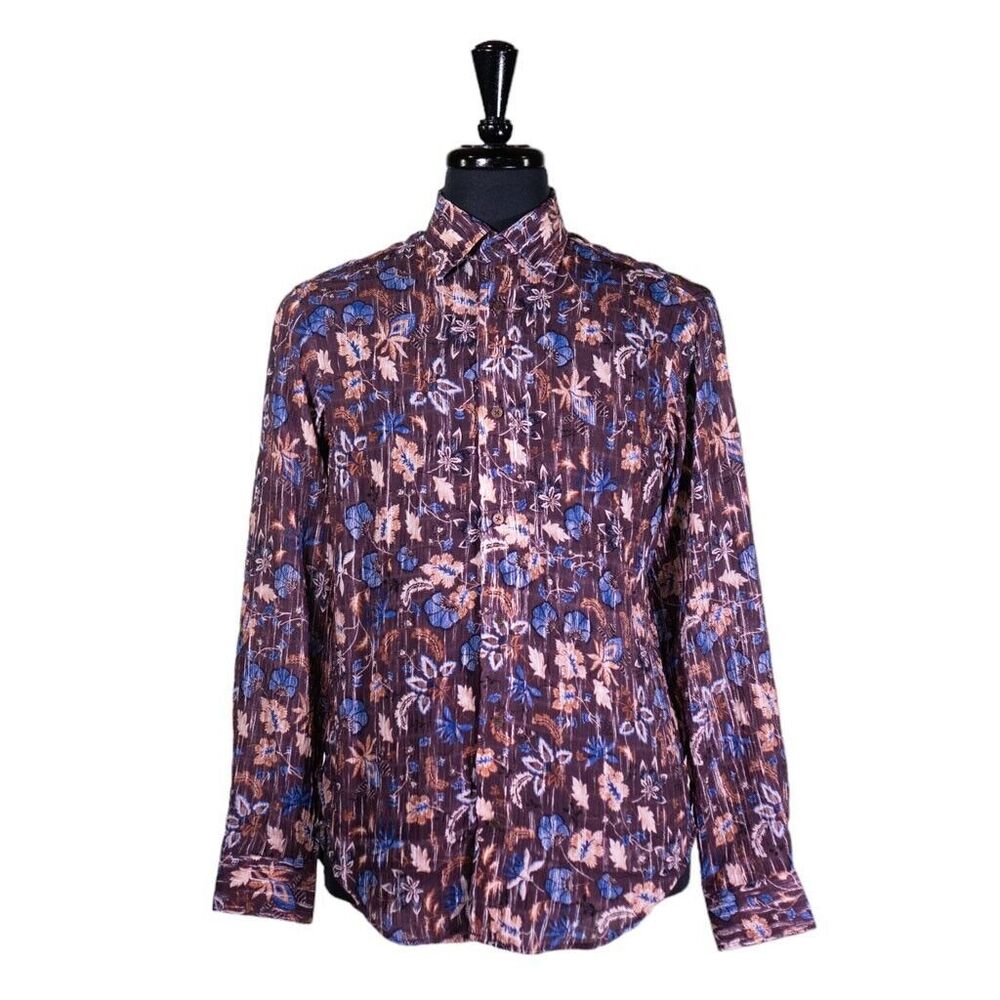 Mens Shirt Button Up Brown Blue Floral Linen Blend Hawaiian Beach Party Medium